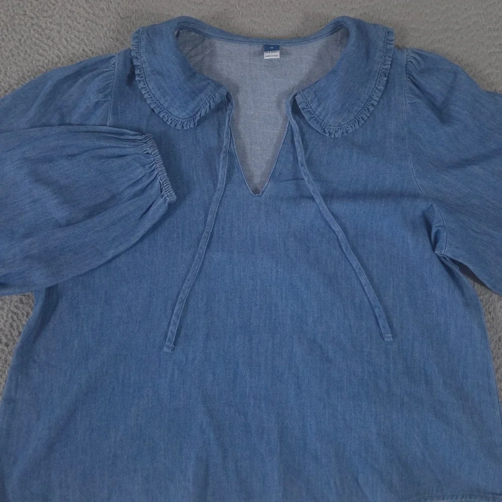 Old Navy Top Womens Medium Blue Ruffle-Collar Chambray Cotton Puff Sleeve Tie